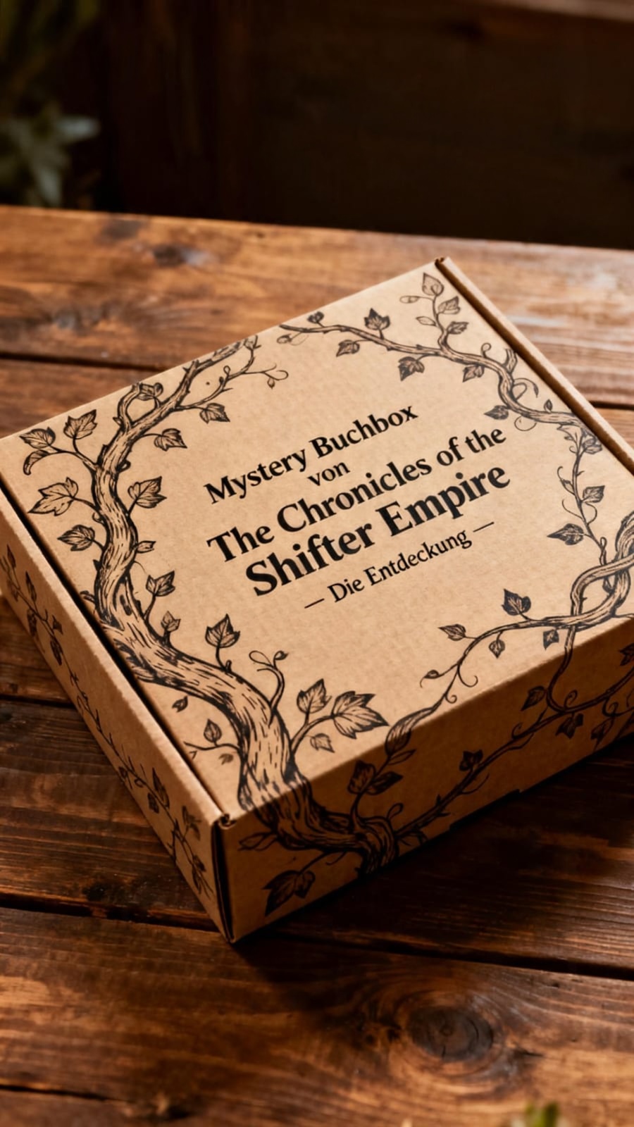 Mystery Buchbox zu The Chronicles of the Shifter Empire Exklusive Mystery Buchbox mit Baum-Illustration für The Chronicles of the Shifter Empire - Die Entdeckung auf einem Holzisch